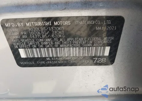 2021 Mitsubishi Mirage Carbonite Edition/Es/Le z USA, uszkodzony, nr VIN ML32AUHJ5MH009572
